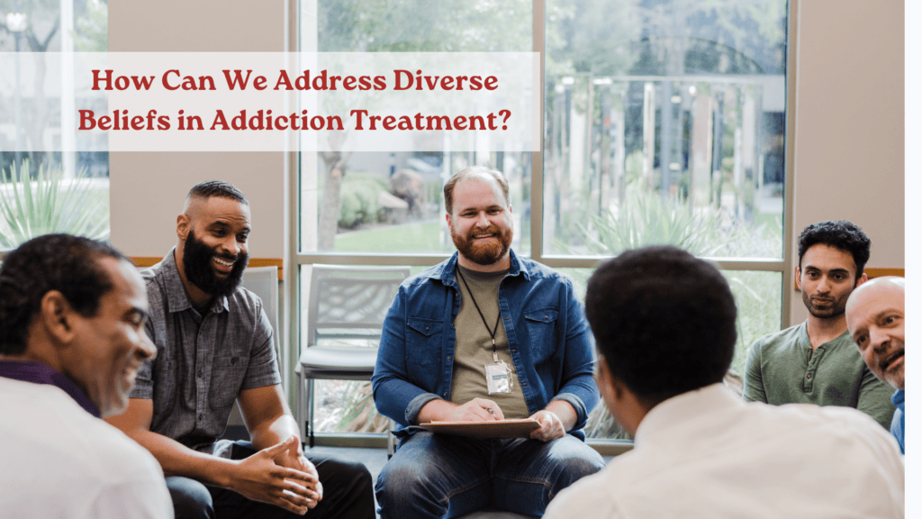 Diverse group of people discussing spirituality in a recovery meeting.